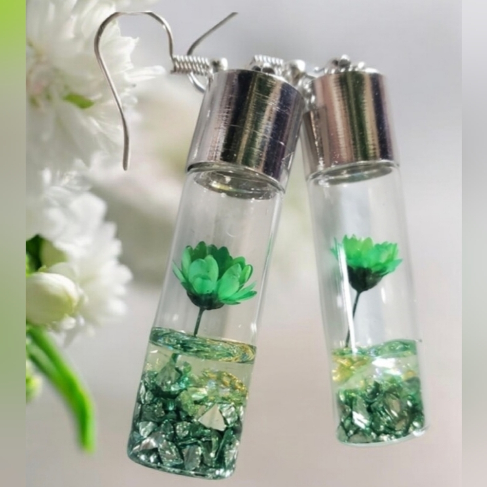 Green Wish Flowers Glass Bottle Dangle Earrings